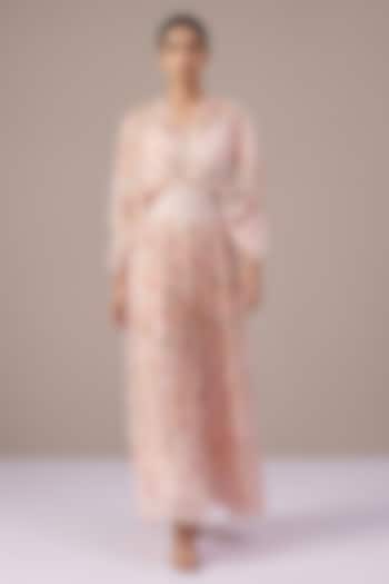 Blush Pink & Ivory Chiffon Floral Printed Gathered Kaftan by Roseroom by Isha Jajodia at Pernia's Pop Up Shop