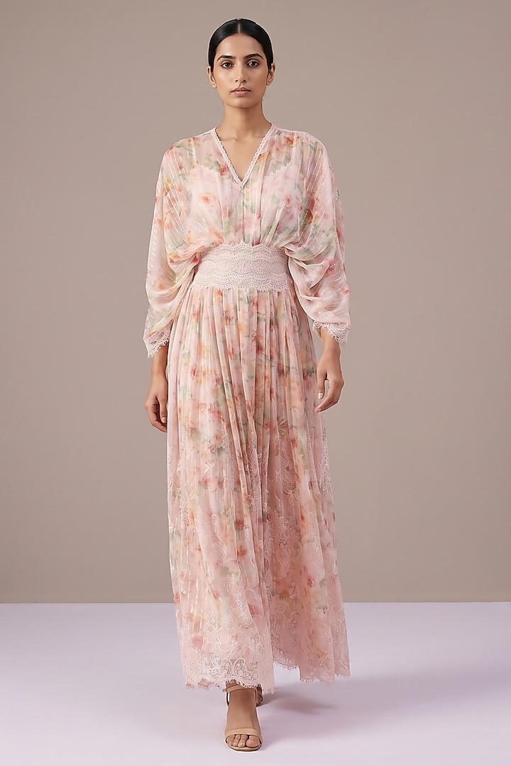 Blush Pink & Ivory Chiffon Floral Printed Gathered Kaftan by Roseroom by Isha Jajodia at Pernia's Pop Up Shop