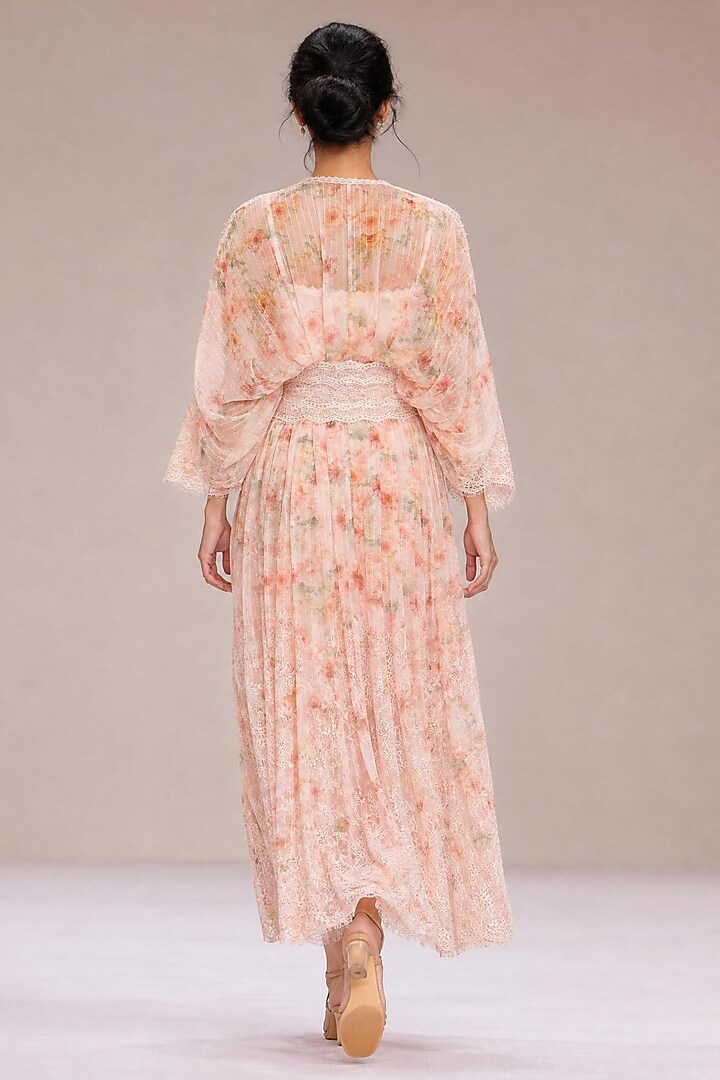 Blush Pink & Ivory Chiffon Floral Printed Gathered Kaftan by Roseroom by Isha Jajodia at Pernia's Pop Up Shop
