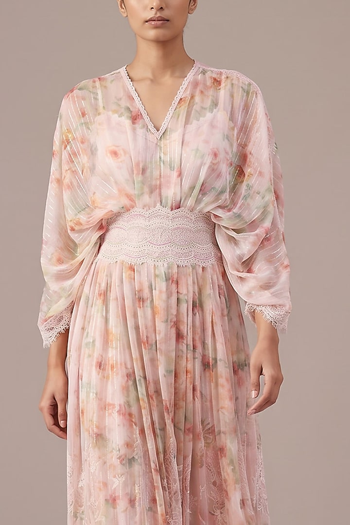 Blush Pink & Ivory Chiffon Floral Printed Gathered Kaftan by Roseroom by Isha Jajodia at Pernia's Pop Up Shop