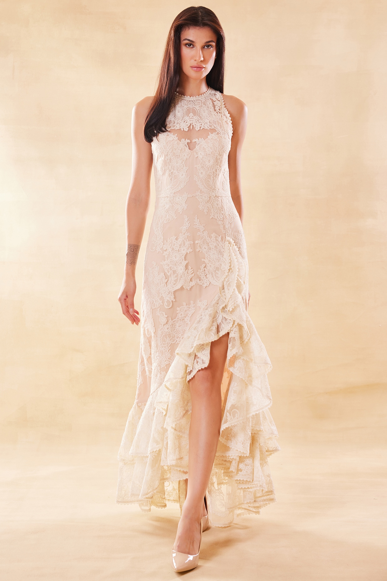 Roseroom by Isha Jajodia Snowy Beige Silk Organza Asymmetric Ruffled Dress