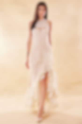 Snowy Beige Silk Organza Asymmetric Ruffled Party Wear Dress by Roseroom by Isha Jajodia at Pernia's Pop Up Shop