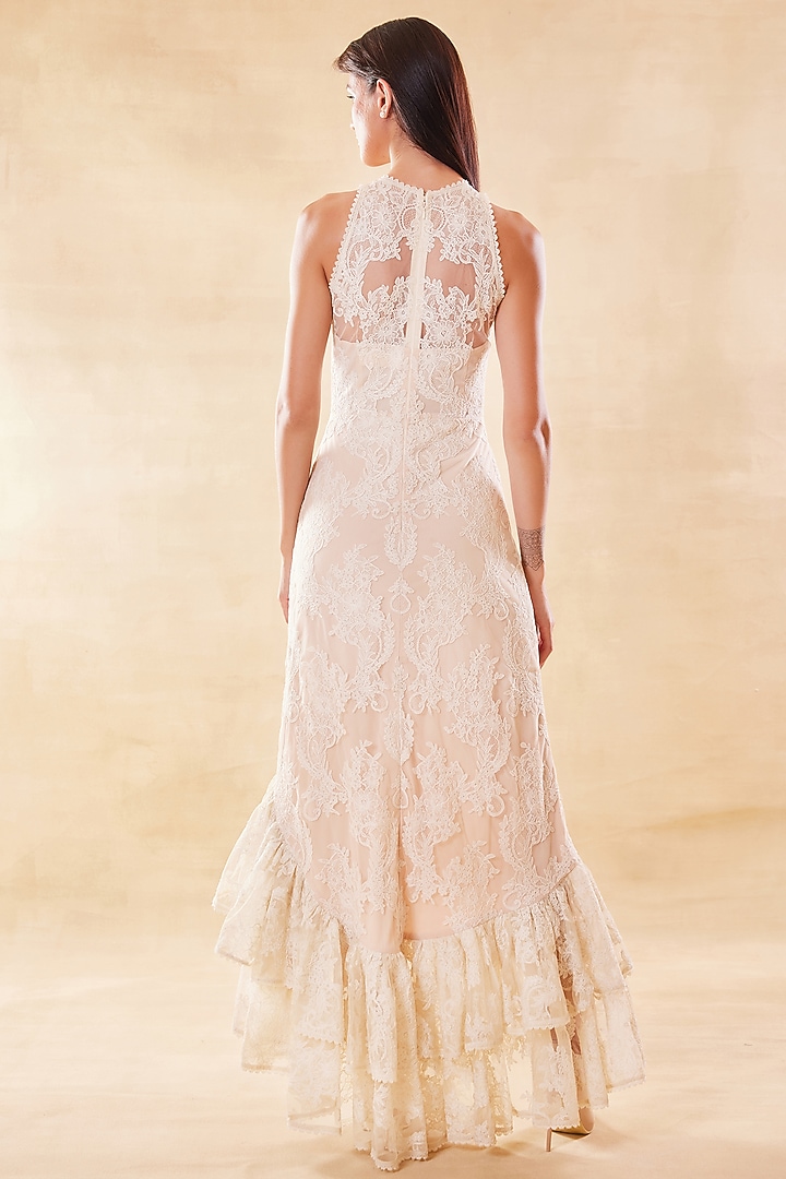 Snowy Beige Silk Organza Asymmetric Ruffled Party Wear Dress by Roseroom by Isha Jajodia at Pernia's Pop Up Shop