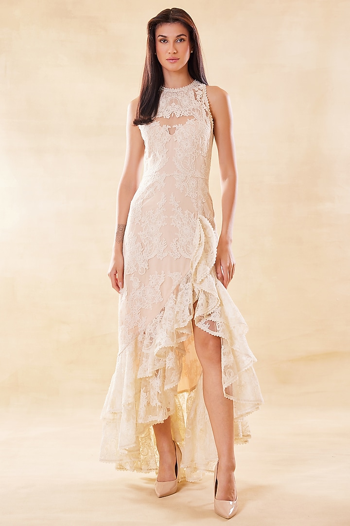 Snowy Beige Silk Organza Asymmetric Ruffled Party Wear Dress by Roseroom by Isha Jajodia at Pernia's Pop Up Shop