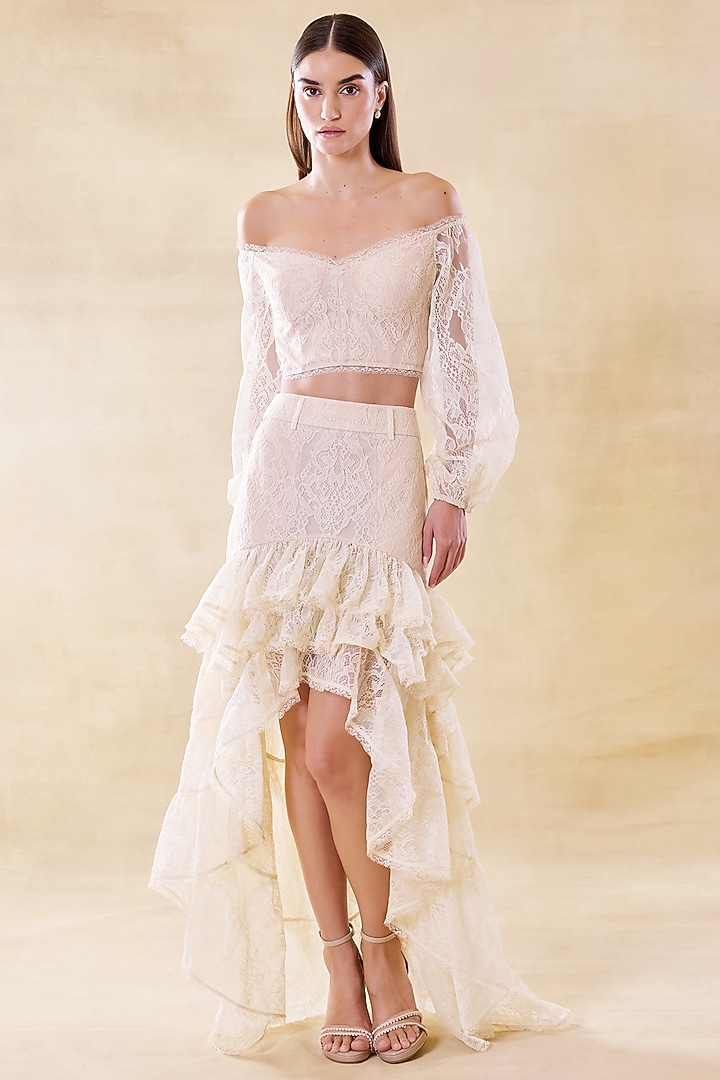 Vanilla White Silk Organza Tiered High-Low Skirt Set by Roseroom by Isha Jajodia at Pernia's Pop Up Shop