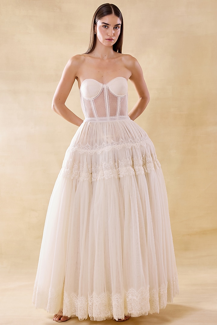 Vanilla White Silk Organza & Lace Layered Skirt Set by Roseroom by Isha Jajodia at Pernia's Pop Up Shop