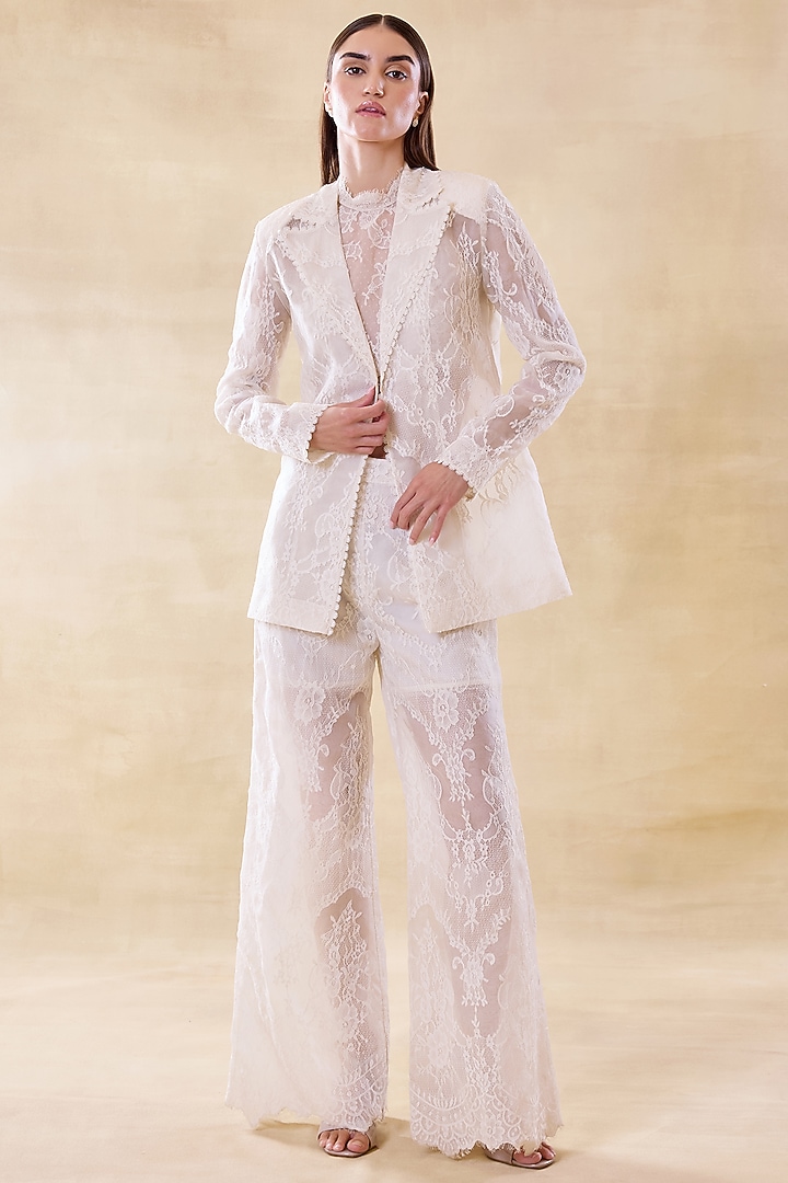 Vanilla White Silk Organza & Lace Blazer Set by Roseroom by Isha Jajodia at Pernia's Pop Up Shop