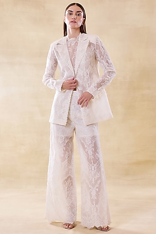 Vanilla White Silk Organza & Lace Blazer Set by Roseroom by Isha Jajodia