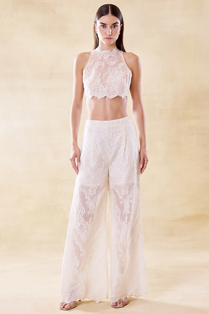 Vanilla White Silk Organza & Lace Blazer Set by Roseroom by Isha Jajodia at Pernia's Pop Up Shop