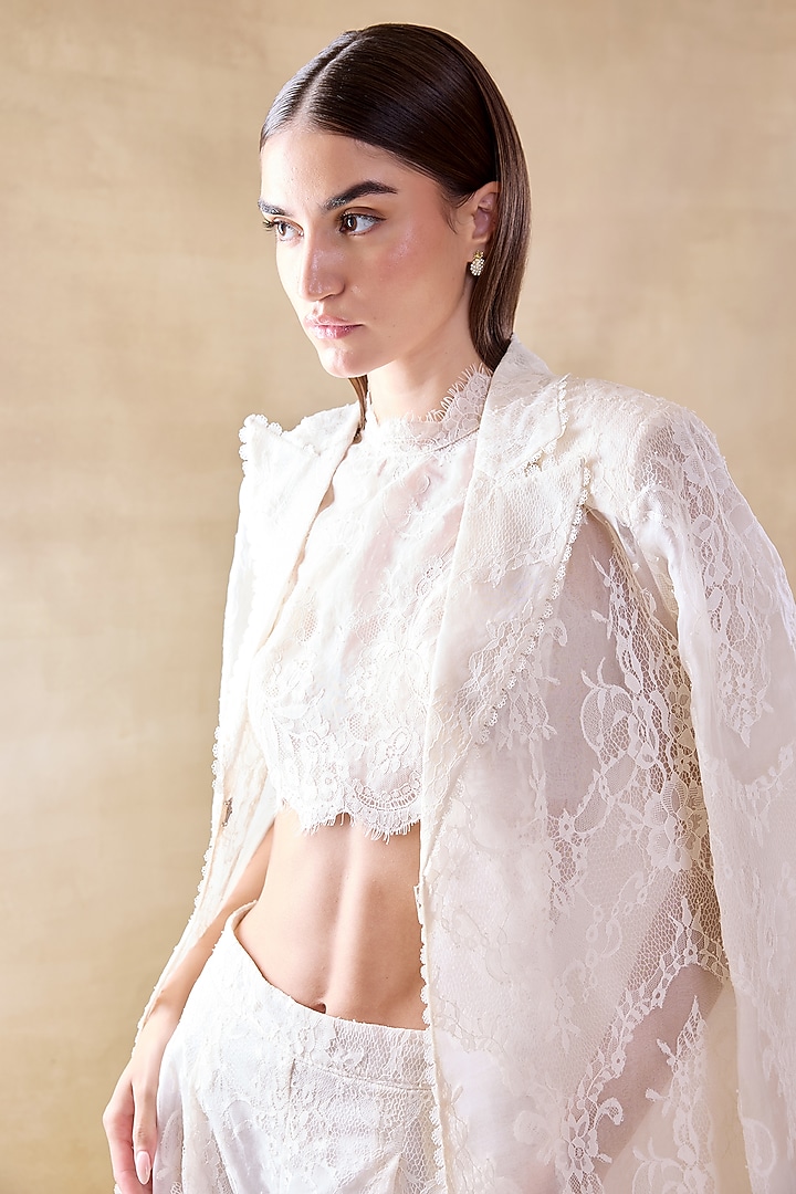 Vanilla White Silk Organza & Lace Blazer Set by Roseroom by Isha Jajodia at Pernia's Pop Up Shop