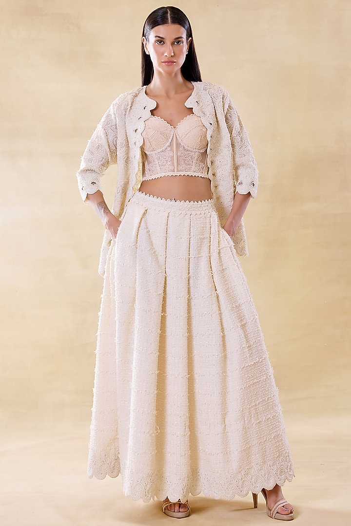 Ivory Tweed & Lace Embroidered Skirt Set by Roseroom by Isha Jajodia at Pernia's Pop Up Shop