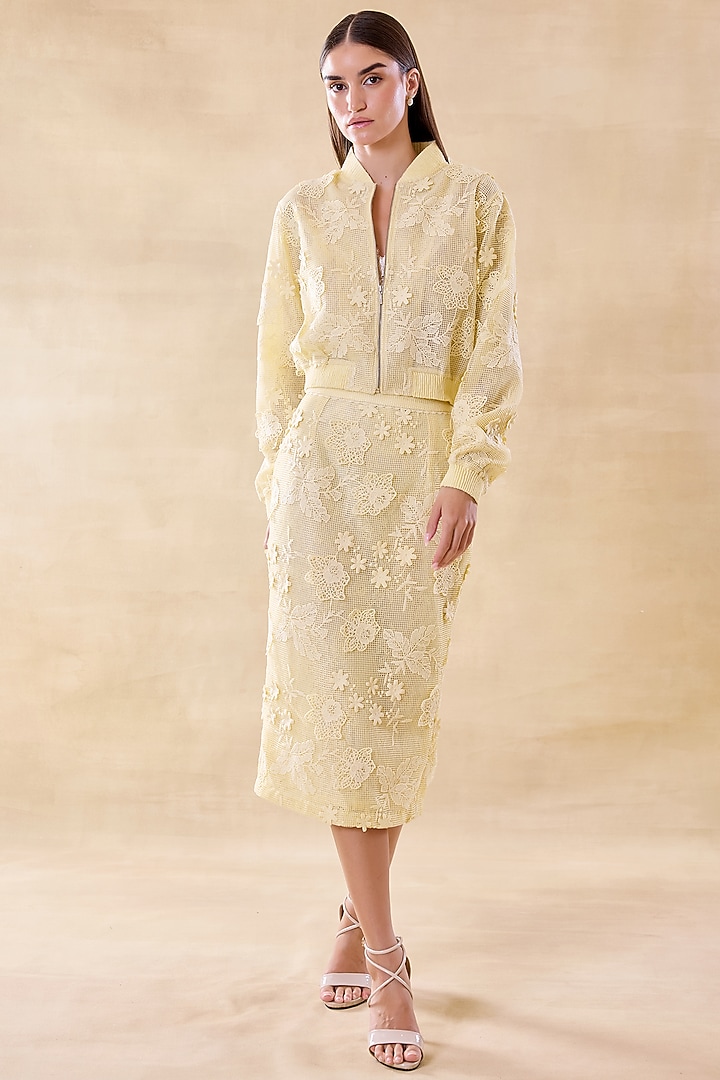 Butter Yellow Mesh Pencil Skirt Set by Roseroom by Isha Jajodia at Pernia's Pop Up Shop