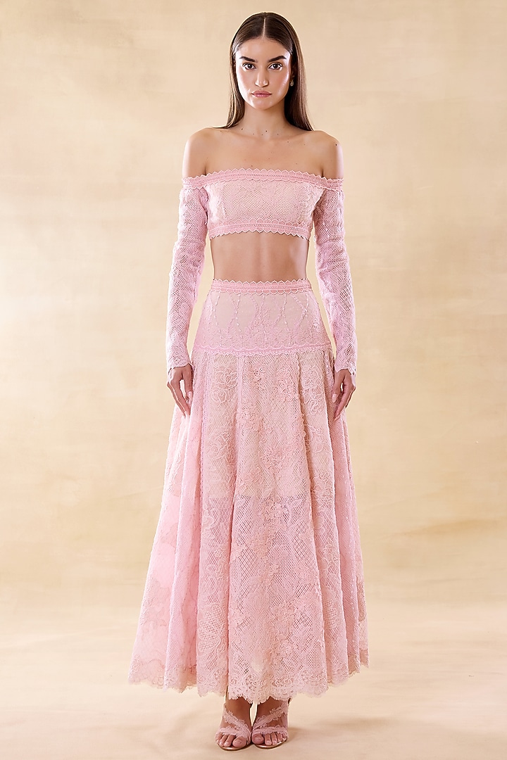 Rose Pink Lace Patches Layered Skirt Set by Roseroom by Isha Jajodia at Pernia's Pop Up Shop