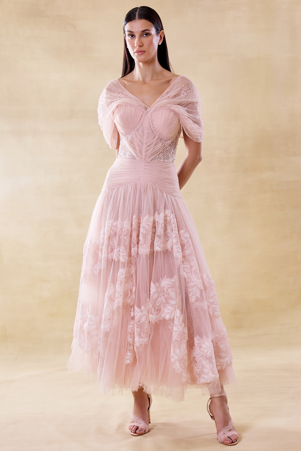 Roseroom by Isha Jajodia Blush Pink Tulle & Lace Draped Dress