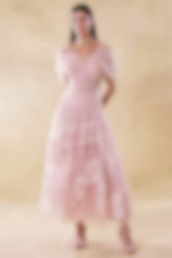 Blush Pink Tulle & Lace Draped Party Wear Dress by Roseroom by Isha Jajodia at Pernia's Pop Up Shop
