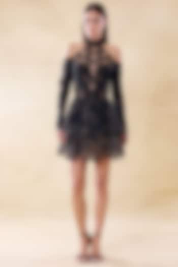 Midnight Black & Nude Organza Mini Party Wear Dress by Roseroom by Isha Jajodia at Pernia's Pop Up Shop