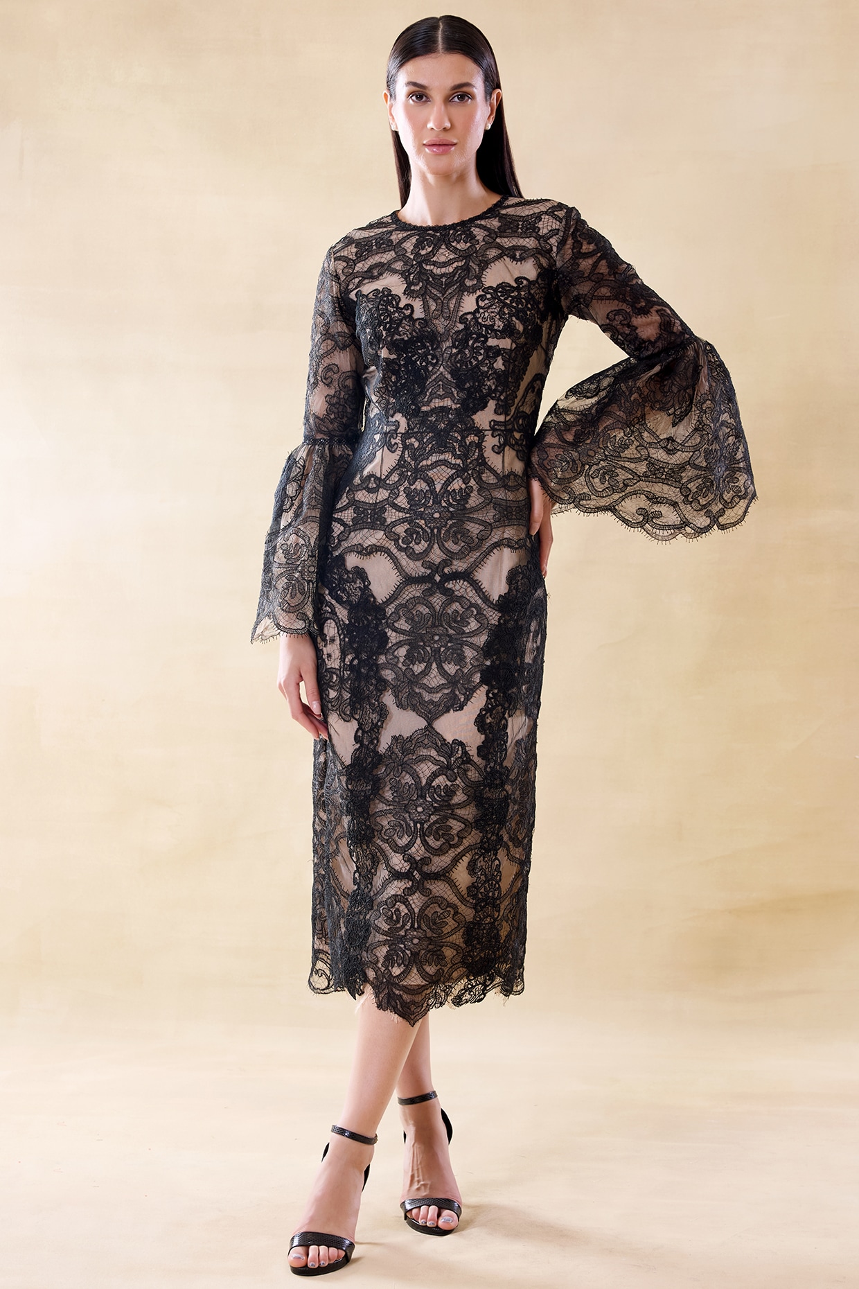 Roseroom by Isha Jajodia Midnight Black & Nude Silk Organza Midi Dress