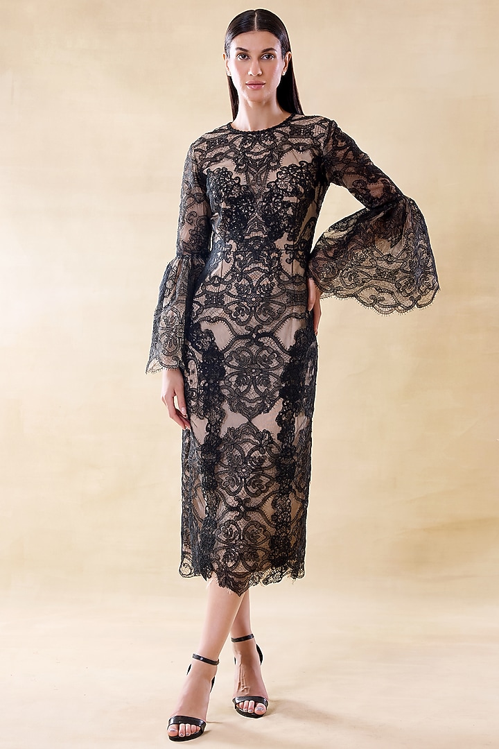 Midnight Black & Nude Silk Organza Midi Party Wear Dress by Roseroom by Isha Jajodia at Pernia's Pop Up Shop