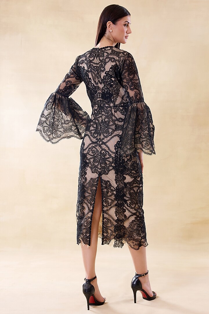 Midnight Black & Nude Silk Organza Midi Party Wear Dress by Roseroom by Isha Jajodia at Pernia's Pop Up Shop