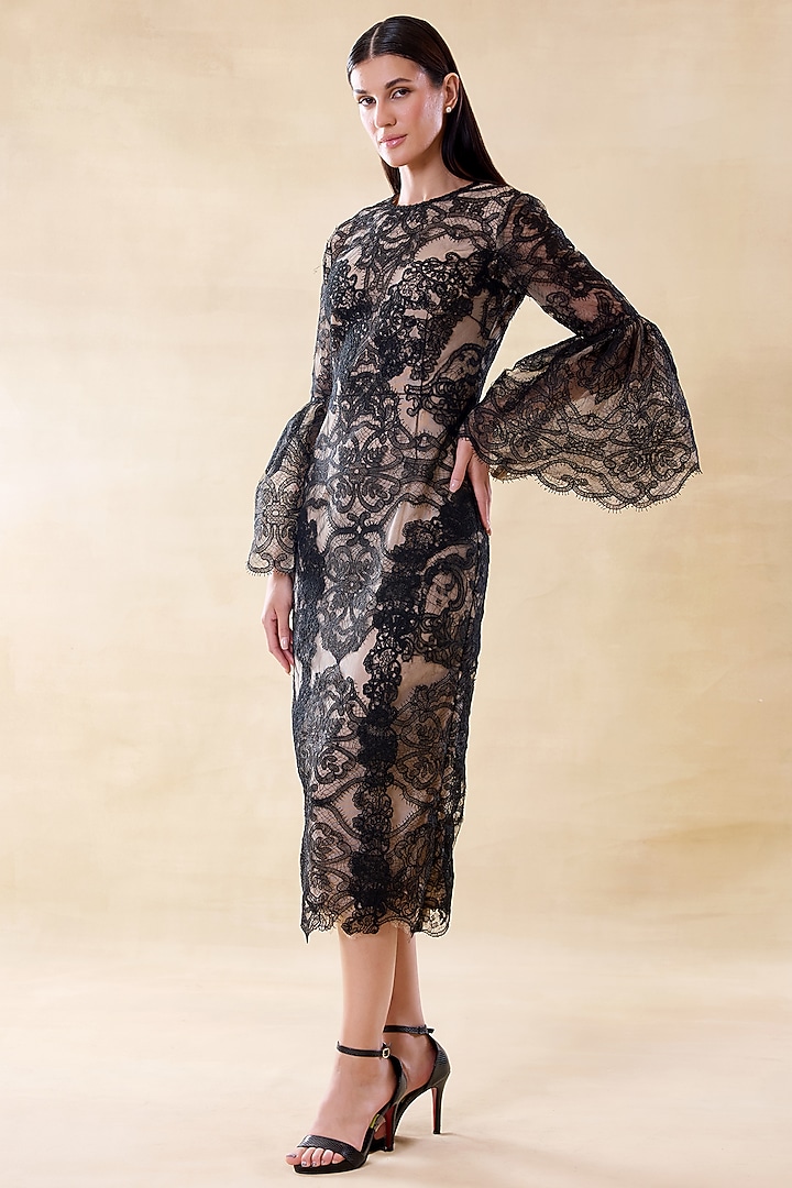 Midnight Black & Nude Silk Organza Midi Party Wear Dress by Roseroom by Isha Jajodia at Pernia's Pop Up Shop