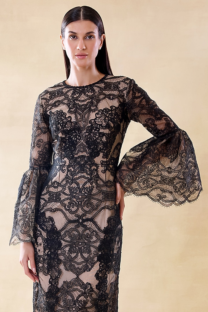 Midnight Black & Nude Silk Organza Midi Party Wear Dress by Roseroom by Isha Jajodia at Pernia's Pop Up Shop