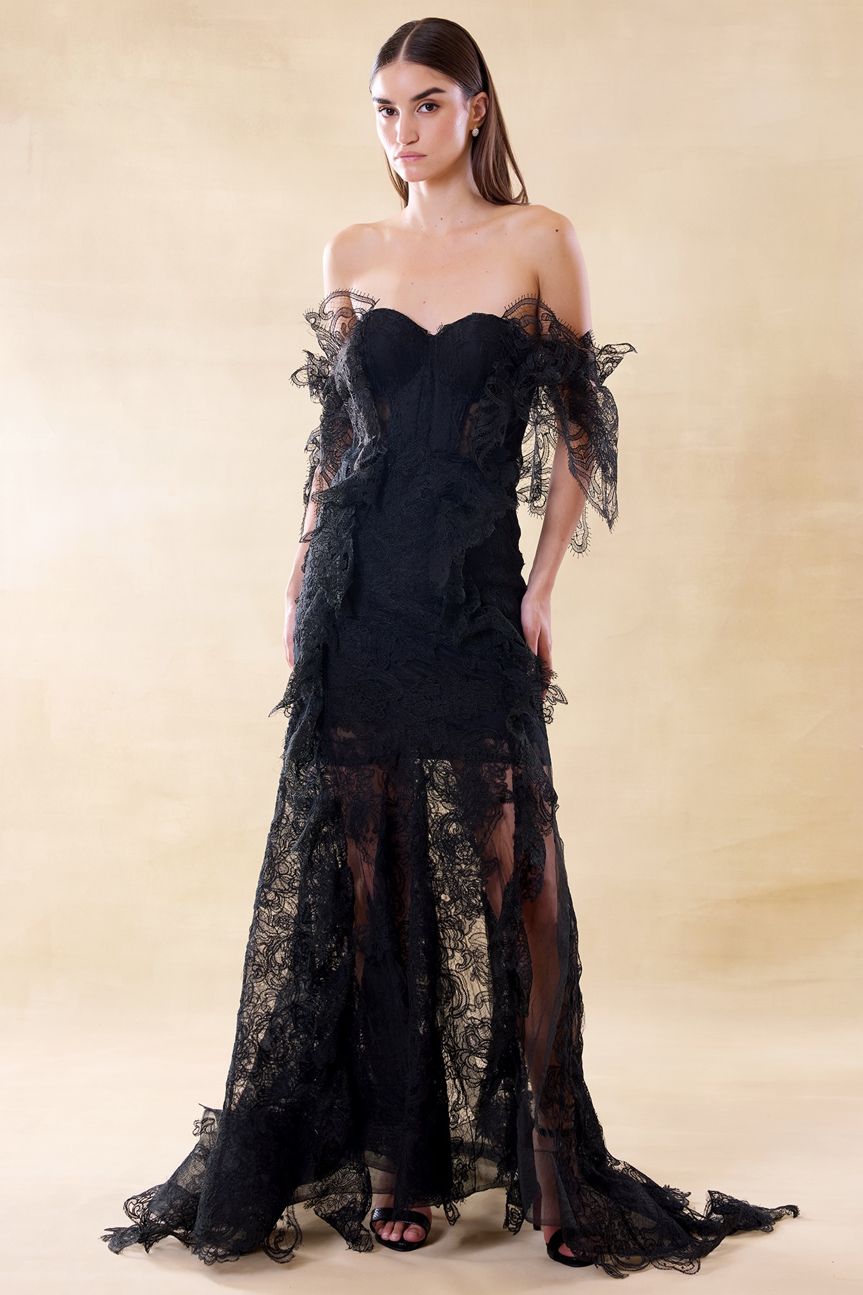 Roseroom by Isha Jajodia Midnight Black Silk Organza & Lace Maxi Dress