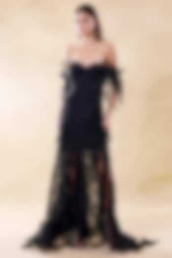 Midnight Black Silk Organza & Lace Maxi Party Wear Dress by Roseroom by Isha Jajodia at Pernia's Pop Up Shop