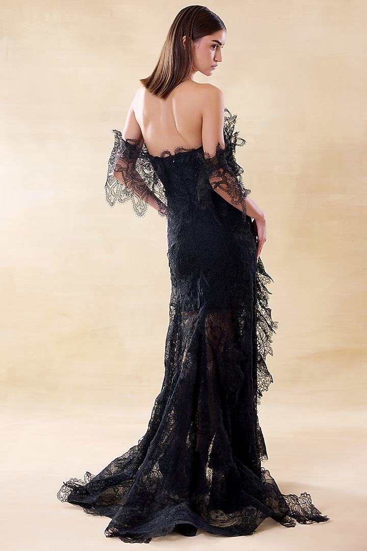 Midnight Black Silk Organza & Lace Maxi Party Wear Dress by Roseroom by Isha Jajodia at Pernia's Pop Up Shop