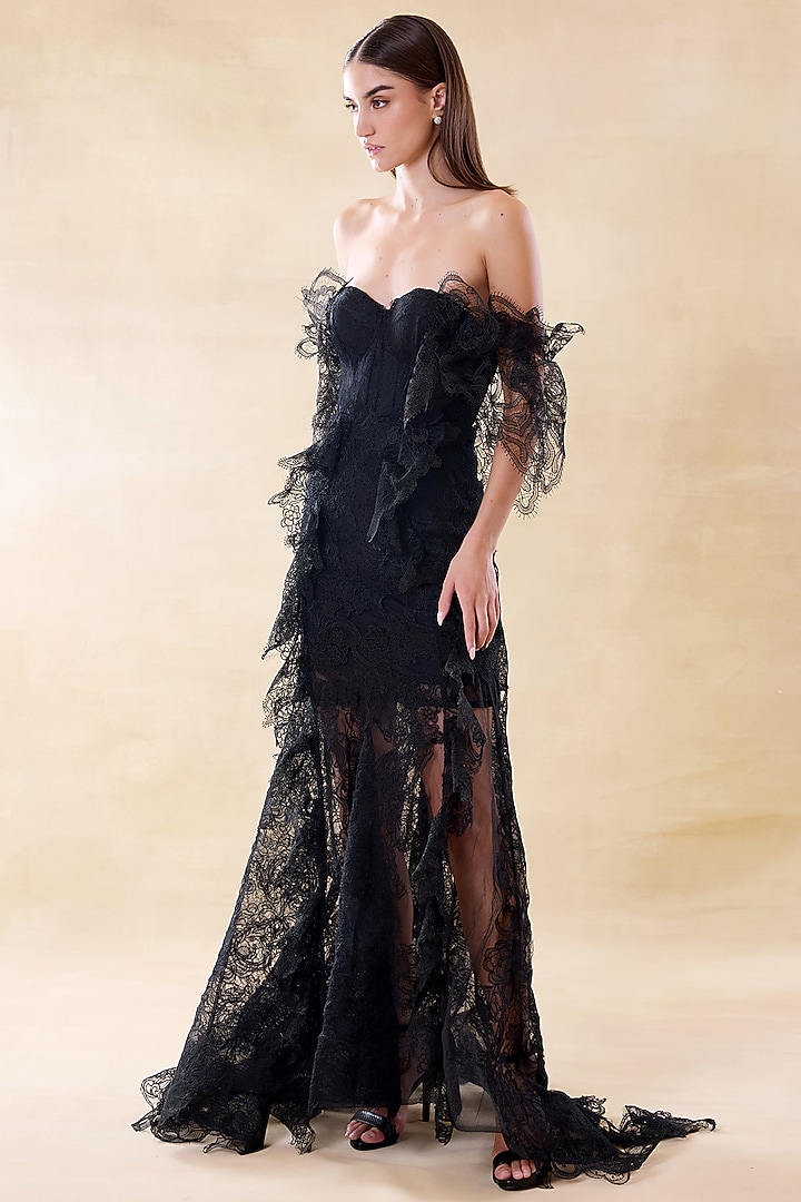 Midnight Black Silk Organza & Lace Maxi Party Wear Dress by Roseroom by Isha Jajodia at Pernia's Pop Up Shop