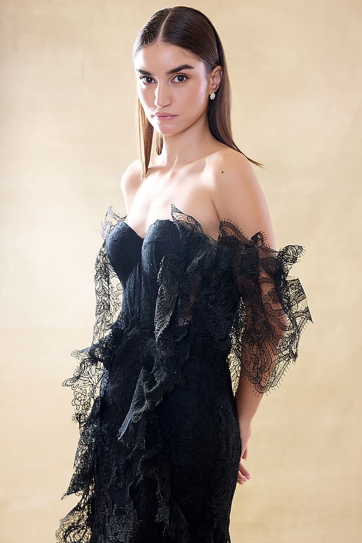 Midnight Black Silk Organza & Lace Maxi Party Wear Dress by Roseroom by Isha Jajodia at Pernia's Pop Up Shop