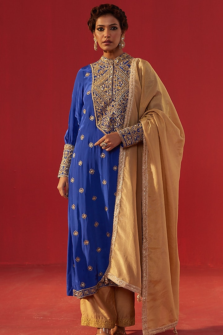 Royal Blue Crepe Embroidered Kurta Set by Rasasvada at Pernia's Pop Up Shop