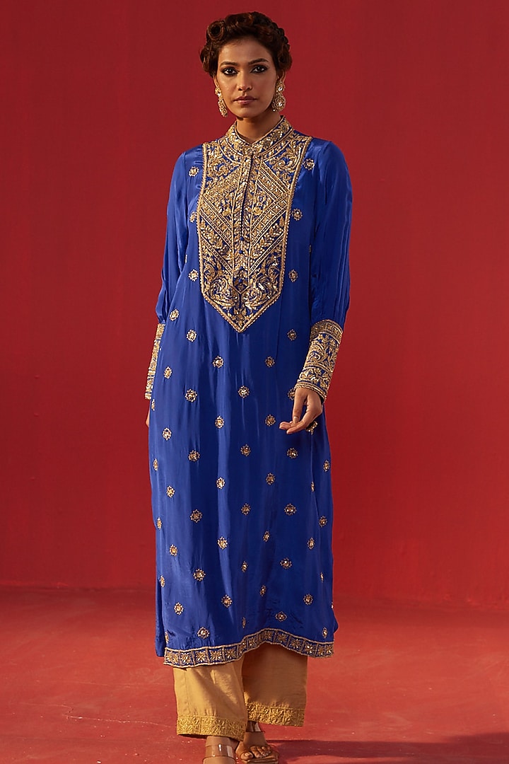 Royal Blue Crepe Embroidered Kurta Set by Rasasvada at Pernia's Pop Up Shop