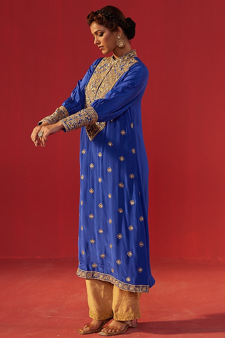 Royal Blue Crepe Embroidered Kurta Set by Rasasvada at Pernia's Pop Up Shop