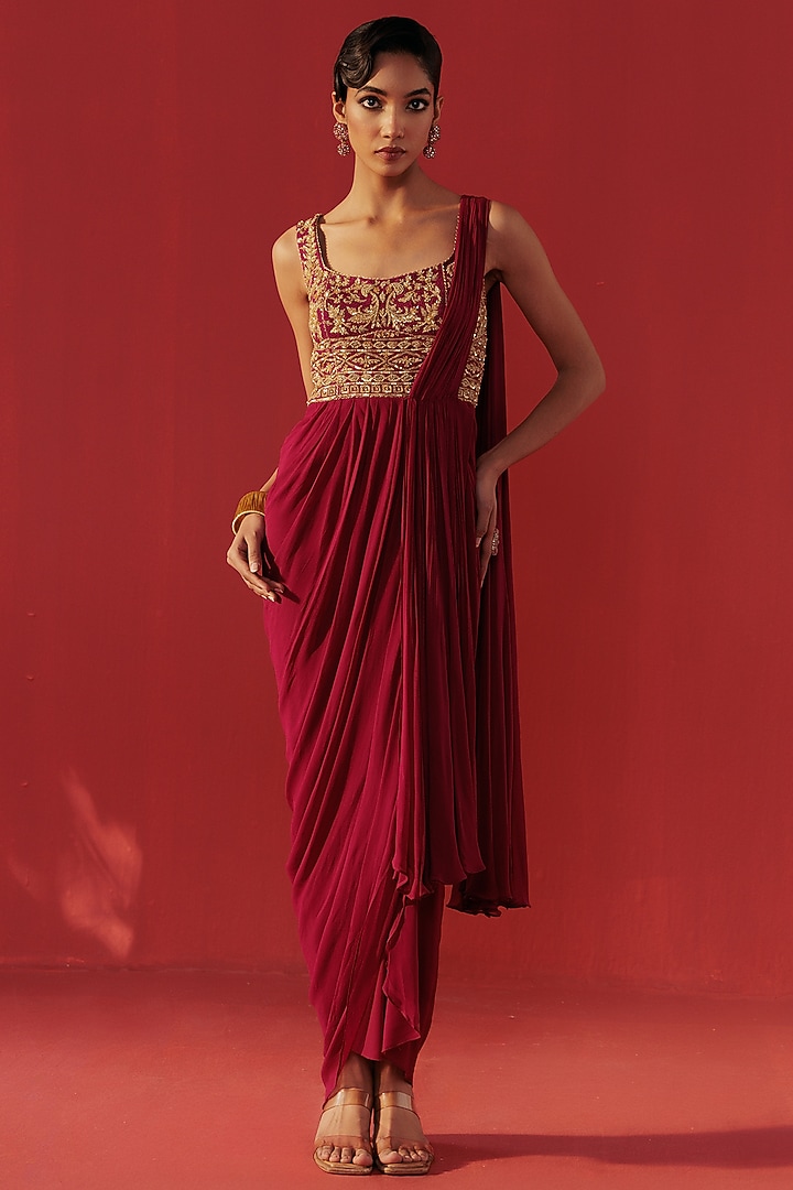 Magenta Net & Georgette Draped Party Wear Saree by Rasasvada at Pernia's Pop Up Shop