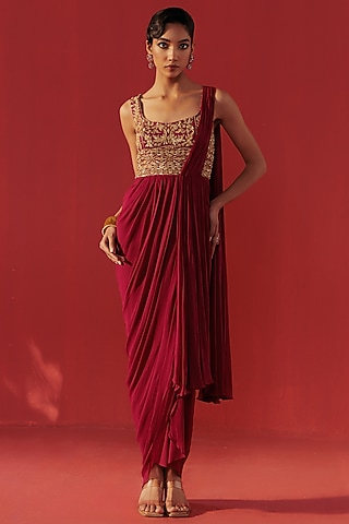 Magenta Net & Georgette Draped Saree by Rasasvada