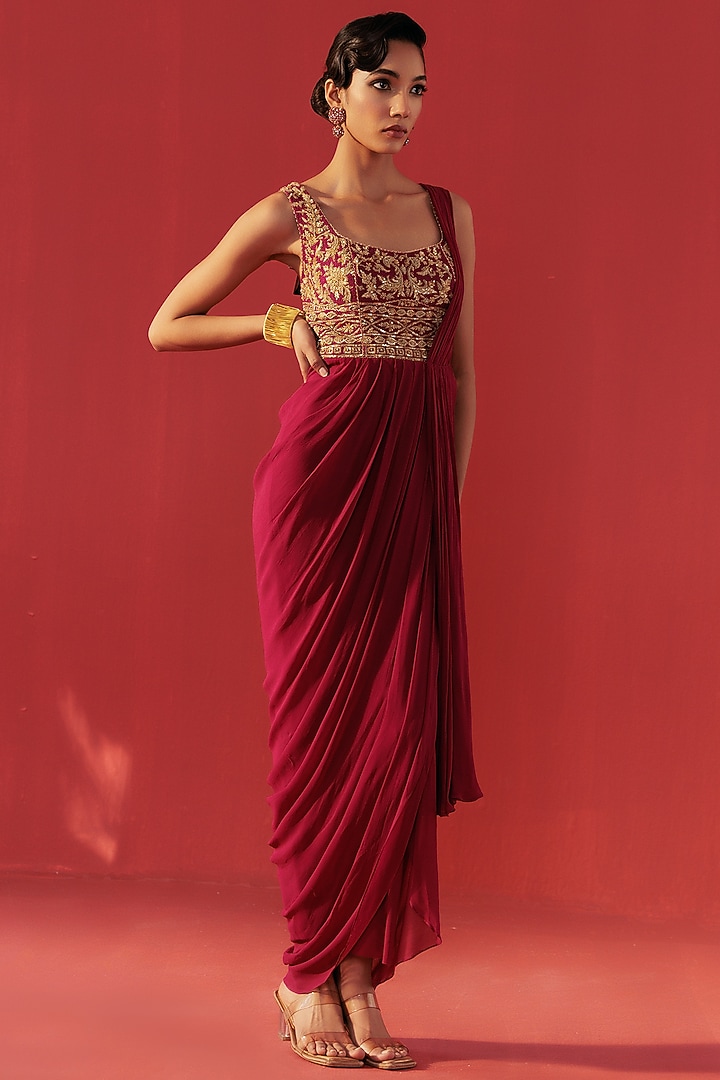 Magenta Net & Georgette Draped Party Wear Saree by Rasasvada at Pernia's Pop Up Shop