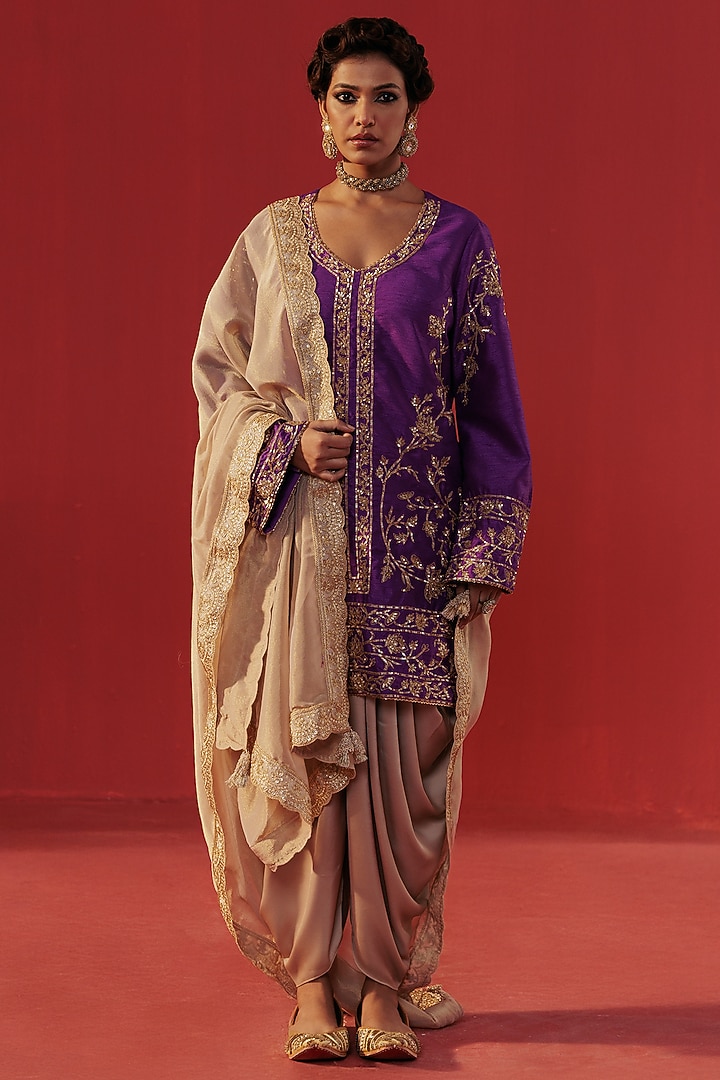 Purple Dupion Silk Embroidered Kurta Set by Rasasvada at Pernia's Pop Up Shop