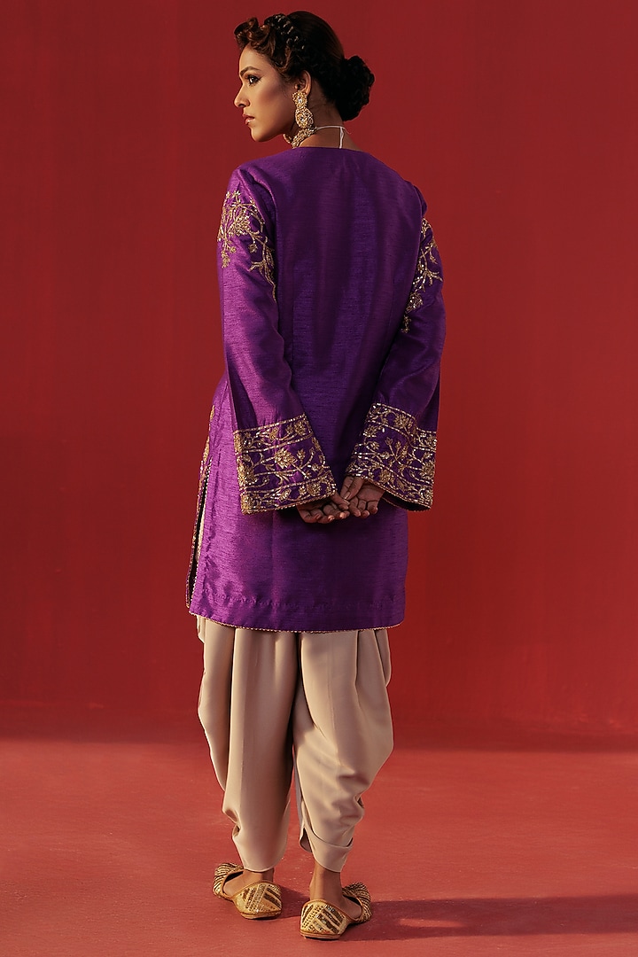 Purple Dupion Silk Embroidered Kurta Set by Rasasvada at Pernia's Pop Up Shop