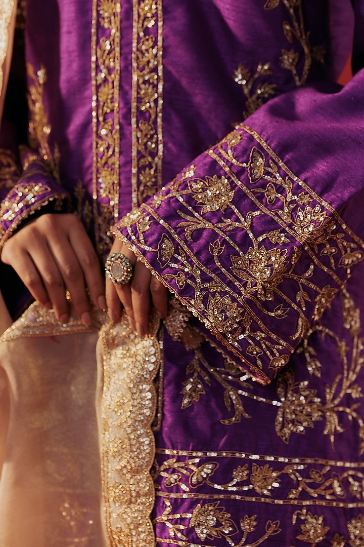 Purple Dupion Silk Embroidered Kurta Set by Rasasvada at Pernia's Pop Up Shop