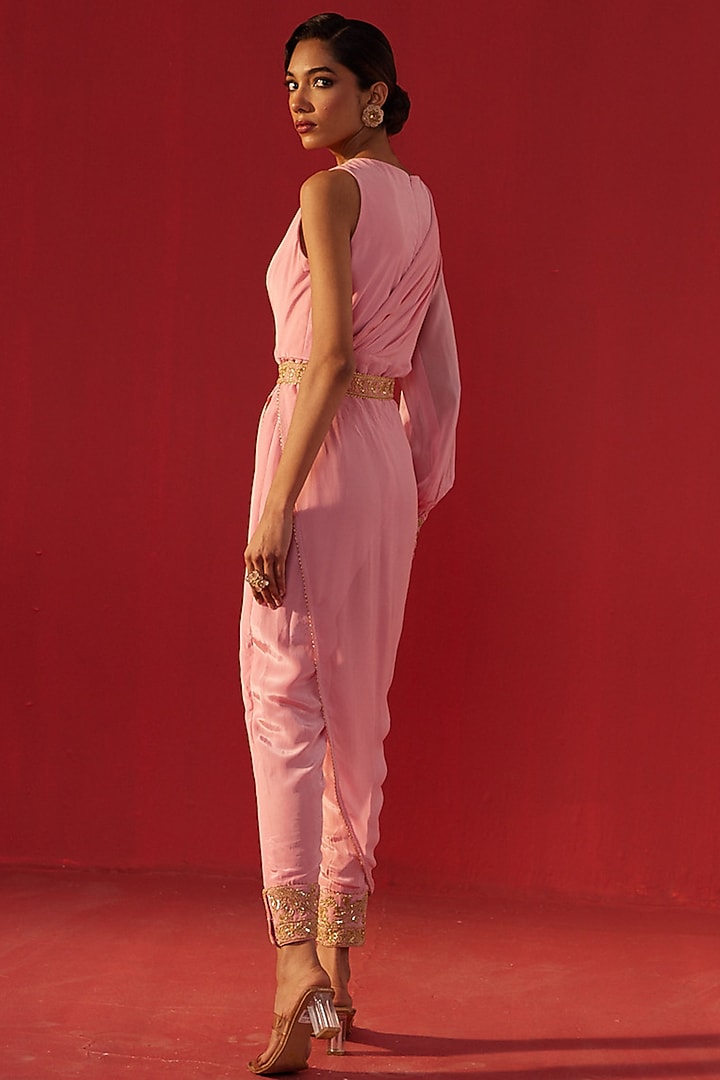 Baby Pink Georgette Draped Jumpsuit by Rasasvada at Pernia's Pop Up Shop