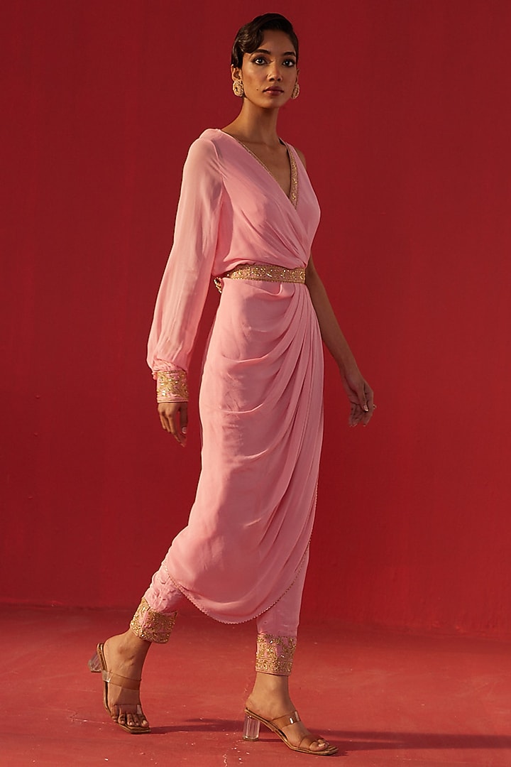 Baby Pink Georgette Draped Jumpsuit by Rasasvada at Pernia's Pop Up Shop