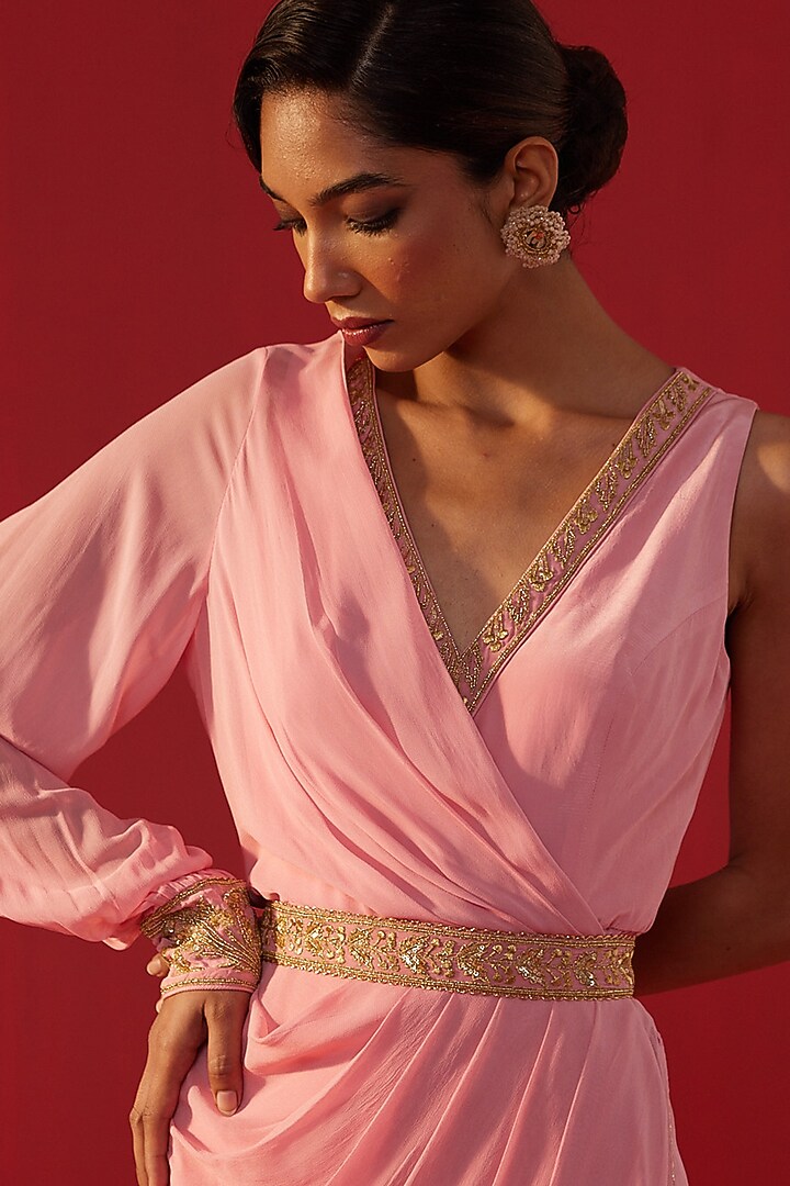 Baby Pink Georgette Draped Jumpsuit by Rasasvada at Pernia's Pop Up Shop
