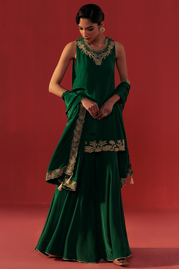 Bottle Green Satin Silk Flared Party Wear Sharara Set by Rasasvada at Pernia's Pop Up Shop
