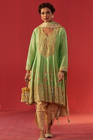 Pista Green Chanderi Hand & Machine Embroidered Kalidar Kurta Set by Rasasvada