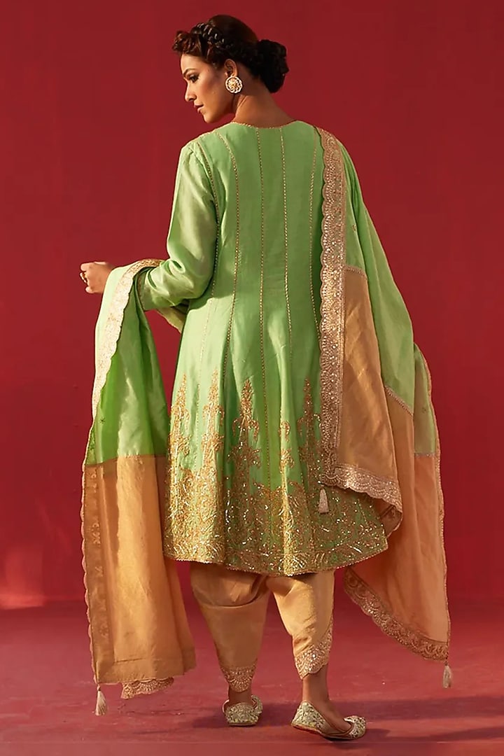 Pista Green Chanderi Hand & Machine Embroidered Kalidar Kurta Set by Rasasvada at Pernia's Pop Up Shop