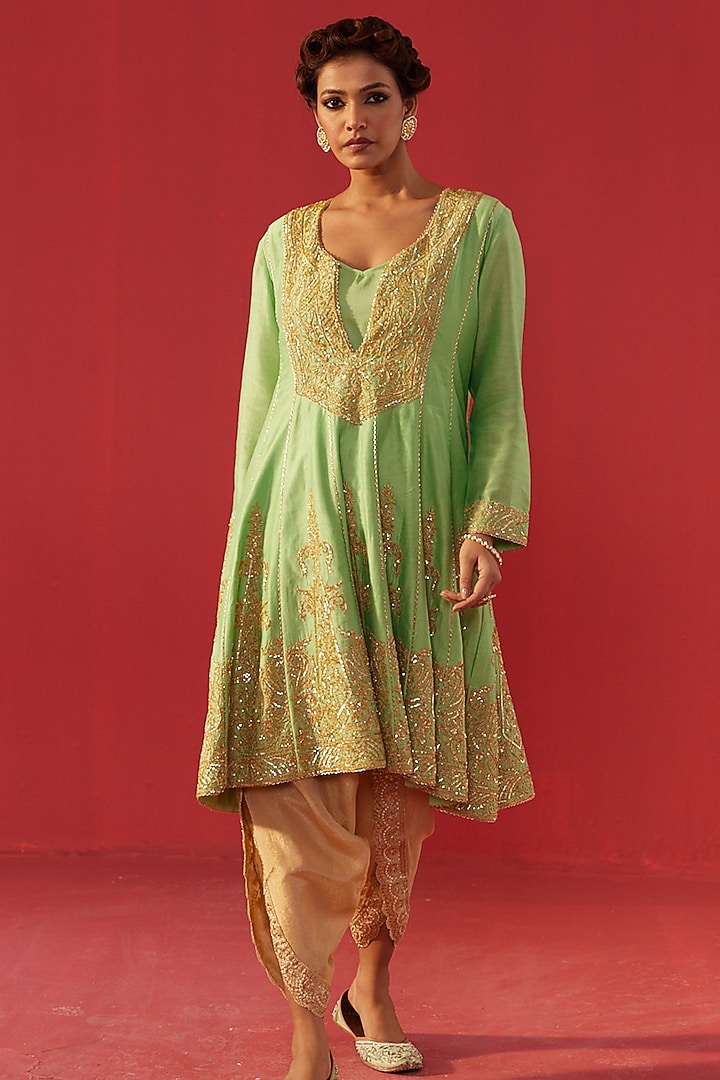 Pista Green Chanderi Hand & Machine Embroidered Kalidar Kurta Set by Rasasvada at Pernia's Pop Up Shop
