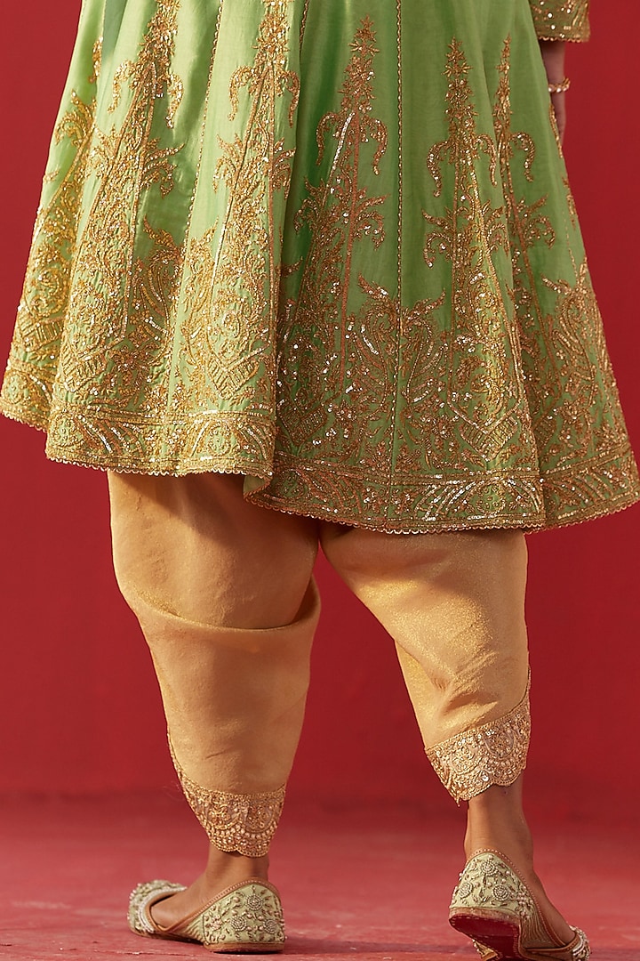 Pista Green Chanderi Hand & Machine Embroidered Kalidar Kurta Set by Rasasvada at Pernia's Pop Up Shop
