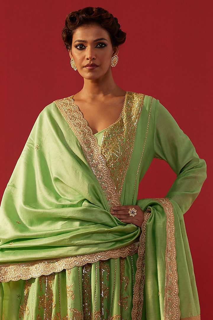 Pista Green Chanderi Hand & Machine Embroidered Kalidar Kurta Set by Rasasvada at Pernia's Pop Up Shop