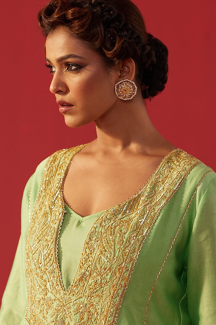 Pista Green Chanderi Hand & Machine Embroidered Kalidar Kurta Set by Rasasvada at Pernia's Pop Up Shop