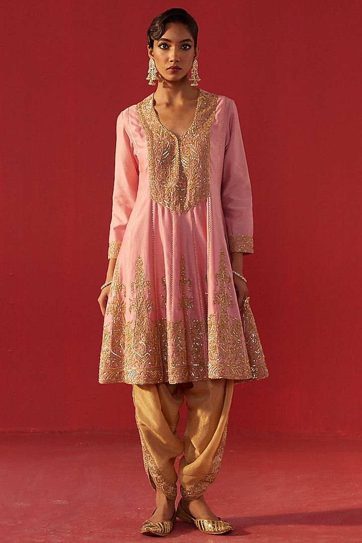 Pink Chanderi Hand & Machine Embroidered Kalidar Kurta Set by Rasasvada at Pernia's Pop Up Shop